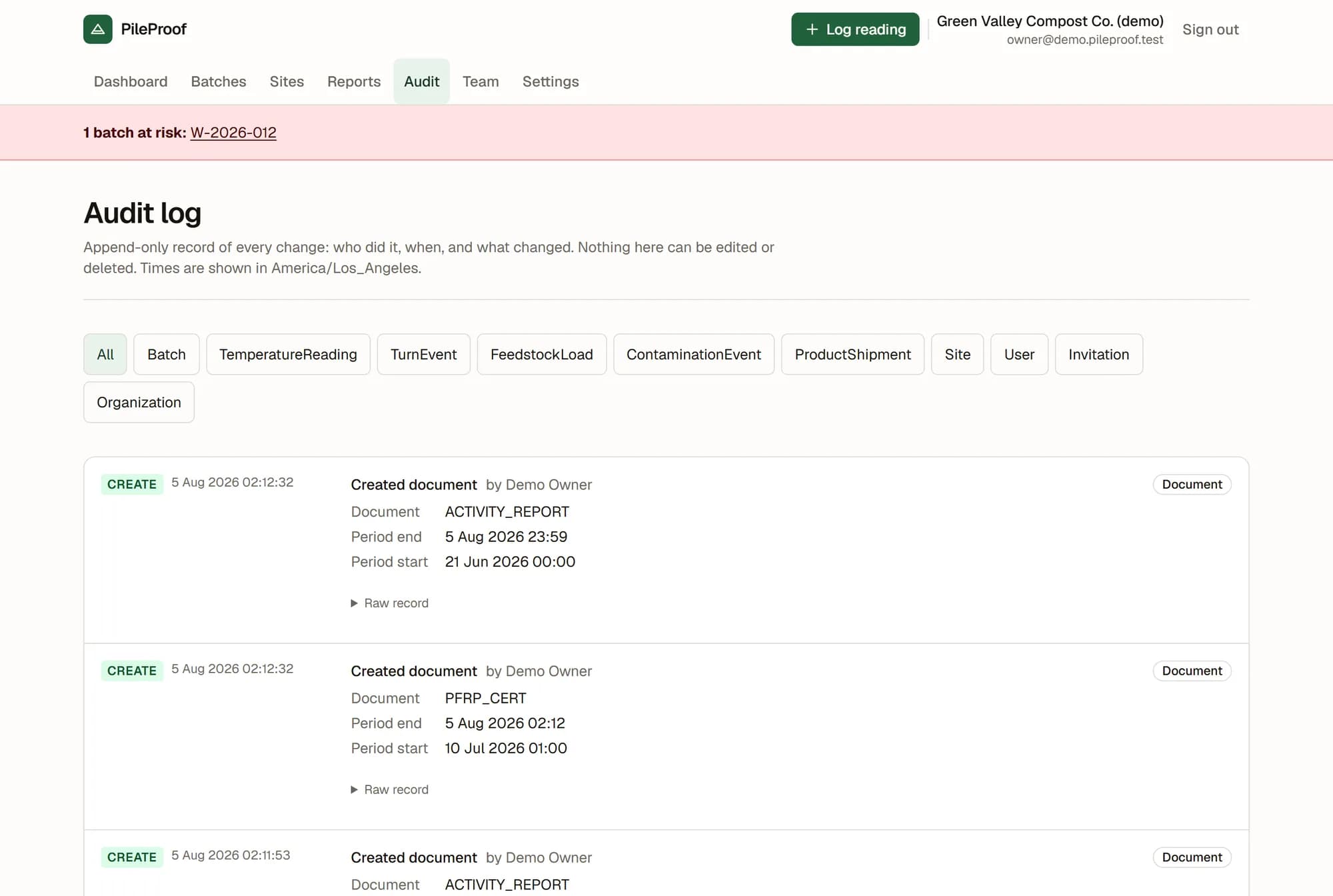 The PileProof audit log, filterable by record type, listing CREATE entries timestamped in America/Los_Angeles: Created document PFRP_CERT by Demo Owner, each with the document period and a Raw record disclosure.